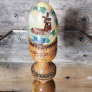 Handpainted Dutch Easter Egg with Hand-carved and Burned Wood Egg Cup - Windmill